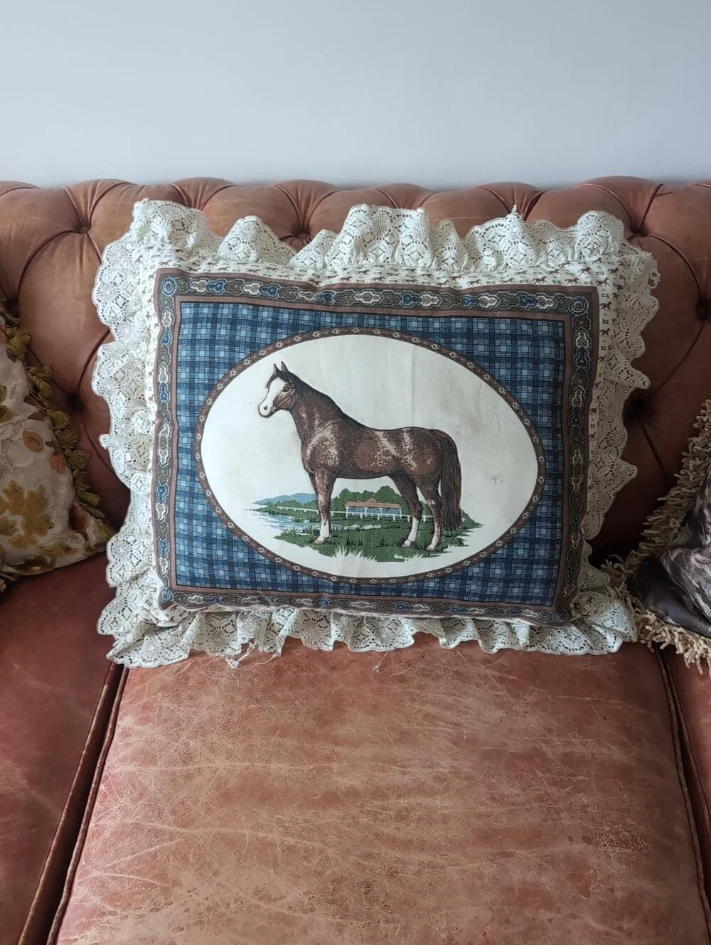 Vintage Horse Tapestry Pillow | Cottagecore Lace Accent Equestrian